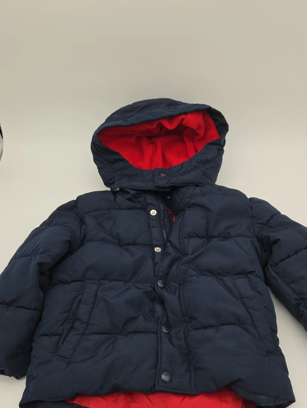 GAP Navy Puffer Jacket with Red Hood Lining